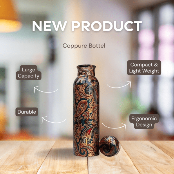 Pure Copper Designer Water Bottle with Joint Less and Advanced Leak Proof Protection