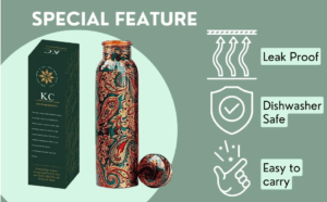 Pure Copper Designer Water Bottle with Joint Less and Advanced Leak Proof Protection